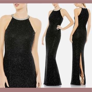 NWT $498 Mac Duggal [ 16 ] Beaded Sleeveless High Neck‎ Column Gown Black